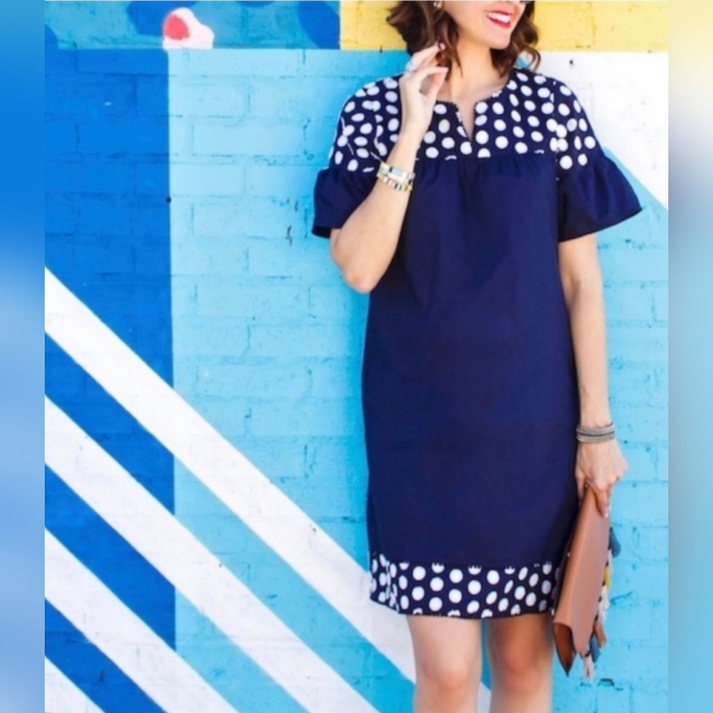 J. Crew Women's Bell Sleeve Dress With Fringe Dot Navy & Cream Size 8 - Picture 1 of 10